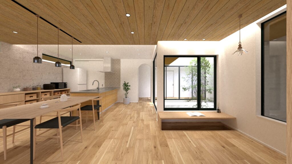 福山市の注文住宅｜木目天井と大きな窓が特徴の平屋LDK・完成イメージパース