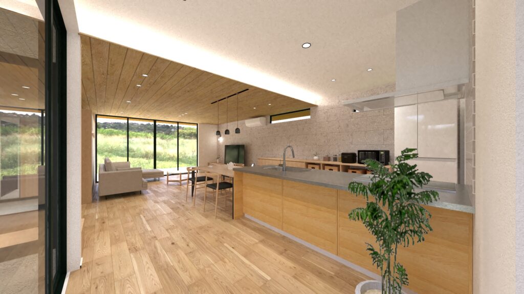 木目天井と対面キッチンを採用した平屋のLDK｜福山市の注文住宅