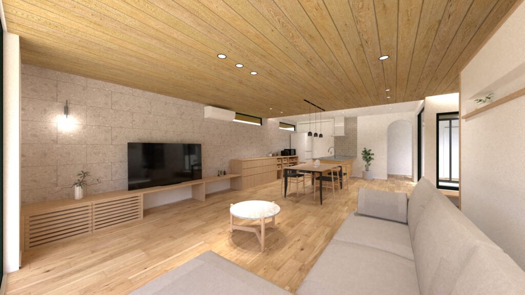 福山市の平屋｜木目天井とダイニング・リビングが一体となったLDKの完成イメージ